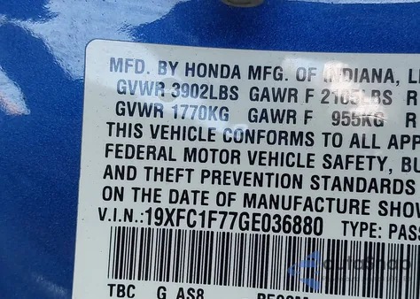 2016 Honda Civic Ex-L z USA, uszkodzony, nr VIN 19XFC1F77GE036880